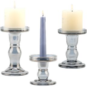 Brown Glass Candle Holder Set, QENUIITEA Set of 3 Clear Candlesticks Holders Pillar Taper Candles Tea Light Stand for Centerpieces Church Wedding Party Home Decor Dining Table
