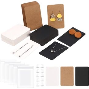 Swpeet 300Pcs White Earring Display Cards Assorment Kit, 100Pcs 3.5 x 2.4 Inches Square Earring Holder Cards with 100 Silicone Earring Backs and Self-Seal Bags for Earrings Necklace Jewelry Display