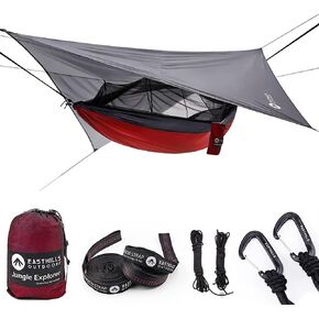 أرجوحة تخييم مزدوجة من Easthills Outdoors Jungle Explorer مقاس 118 بوصة × 79 بوصة مع شبكة حشرات بعوض منفصلة ومطر مقاوم للماء لشخصين، أرجوحة نايلون محمولة قابلة للتمزق باللون الأحمر