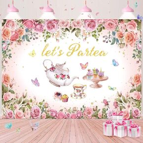 Tea Party Backdrop Banner Pink Floral Butterfly Let's Partea Photo Background Princess Wonderland Afternoon Tea Photography Banner Girls Women Baby Shower Birthday Supplies (7X5FT(82x59inch))