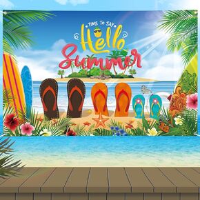 Beach Backdrop Banner, Hello Summer Party Banner Large 71''X45'' Hawaiian Beach Surfboard Backdrop Party Banner for Tropical Summer Photo Backdrop Beach Themed Birthday Party Decorations