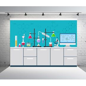 BELECO Chemical Science Birthday Party Backdrop 5x3ft Fabric Cartoon Chemistry Lab Equipment Science Research Background for Kids Science Party Decorations Mad Scientist Party Banner Photo Props