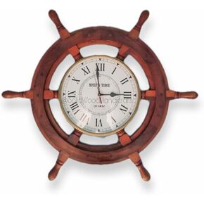 Solid Wood Handicrafts Nautical Beautifully Handcrafted Wooden Premium 12 Inches Wall Decor Wooden Clock Ship Wheels | Pirate's Accent | Maritime Decorative Time's Clock