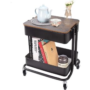 Melody House 2 Tier Metal Utility Rolling Cart Storage Organizer with Cover Board, Mobile Trolley Sofa Side Table with Wheels for Office Home Kitchen Organization, Black