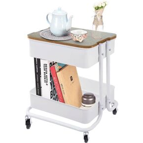 Melody House 2 Tier Metal Utility Rolling Cart Storage Organizer with Cover Board, Mobile Trolley Sofa Side Table with Wheels for Office Home Kitchen Organization, Black