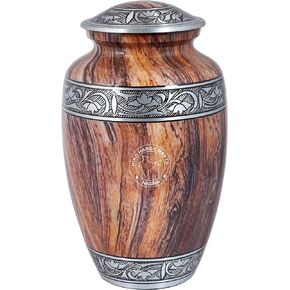 Hind Handicrafts Floral Silver Engraved Cremation Urn for Human Ashes Adult - Handcrafted Funeral Memorial Ashes Urn - Large Columbarium Urn - Bag Included (Wood Texture) (200 Cubic Inches)