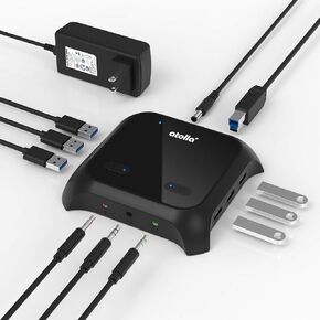 atolla USB Hub, USB 3.0 Hub with Headphone Stand, Powered USB Hub with 3 USB 3.0 Ports and 3 USB Charging Ports, 3.5mm AUX Ports with On/Off Switches, and 12V/2.5A Power Adapter