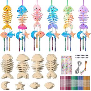 16 Pack Wind Chime Kits for Kids, DIY Wood Summer Wind Chime Make Your Own Fish Bone Wind Chime DIY Coloring Wooden Arts and Crafts Birthday Gifts for Girls Boys