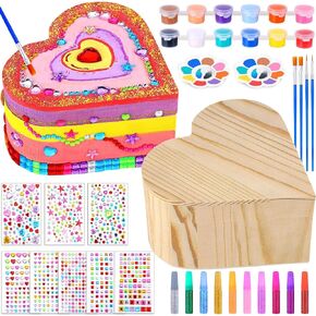 2 Pack Paint Your Own Wooden Jewelry Box DIY Crafts Kits Heart Treasure Box Craft Kit Arts and Crafts for Kids Ages 6-16 Creative Activity Toys Birthday Gifts Valentines Mother's Day Party Favors