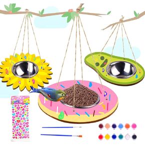 Kids Arts and Crafts Bird Feeders for Outside, 3 Pack DIY Wooden Paint Kits Outdoor Educational Fun Kids Crafts Hanging Sunflower Donut Avocado Bird Feeder DIY Gift for Girls Boys Age 3-5 4-8 8-12