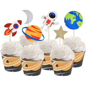 30pcs Outer Space Cupcake Toppers, Planet Party Supplies - Birthday Decorations, Rocket, Astronaut, Spaceship Themed Kids Children Party Supplies