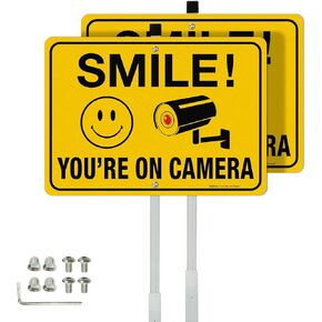 Faittoo Smile Your On Camera Signs with 36" Stake for Outside, 14"x10" Rust Free Heavy Aluminum, Reflective, Fade Resistant, 2 pre-drilled holes, Includes Matching Screws & Wrench, Easy to Mount
