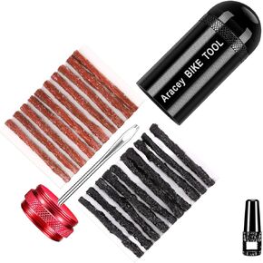 Aracey Tubeless Bike Tire Repair Kit for MTB and Road Bicycle Tires, Combined Ream, Portable Capsule Appearance – Fix a Puncture or Flat,Includes Plugger Tool and Plugs - 10 Bacon and 10 Black Strips