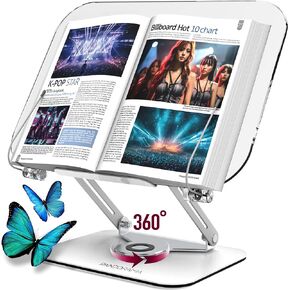حامل كتب أكريليك بجسم يدور 360 درجة، حامل كتب قابل للطي للكتب والوصفات والكمبيوتر المحمول، يدعم ما يصل إلى 8.8 رطل، تصميم مريح أنيق وشفاف