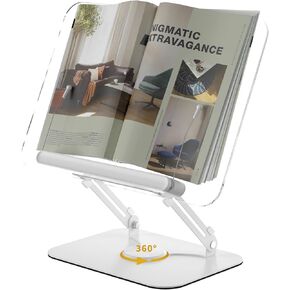 Acrylic Book Stand for Reading,Adjustable Holder with 360° Rotates Base & Page Clips,Foldable Desktop Ricer for Cookbook,Music Scores,Laptop,Tablet,Recipe,Textbook,Magazines
