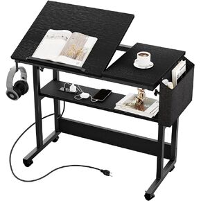 YITAHOME Height Adjustable Table with Charging Station, Portable Desk with Wheels, Small Standing Rolling Computer Desk with Tiltable Tabletop and Storage Bag, Brown