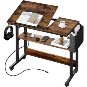 YITAHOME Height Adjustable Table with Charging Station, Portable Desk with Wheels, Small Standing Rolling Computer Desk with Tiltable Tabletop and Storage Bag, Brown