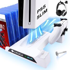 SIKEMAY PS5 Slim Stand Cooling Station for Playstation 5 Slim Console Vertical Accessories with 2H Fast Dual Controller Charging and Silent Fan, 3 USB Hub, 14 Game Slots, 2 Headset Holder, Black
