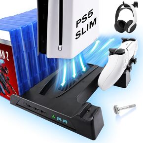 محطة تبريد SIKEMAY PS5 Slim Stand لملحقات عمودية لوحدة التحكم Playstation 5 Slim مع شحن سريع مزدوج لوحدة التحكم 2H ومروحة صامتة، 3 محاور USB، 14 فتحة ألعاب، 2 حامل سماعة رأس، أسود