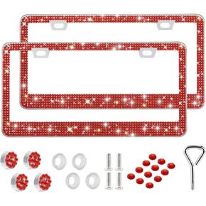 Runone 2 Pack Bling License Plate Frame for Women,Sparkly Rhinestone Stainless Steel License Plate Holder,Car Accessories with Glitter Crystal Caps (White)
