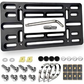 FBJTDQ License Plate Bracket - Black Universal Front Bumper Plastic Car Tag Holder Adapter for No Drill Front Plate mount, with Anti Theft License Plate Screws Bolts&Caps, US Vehicle Truck Accessories
