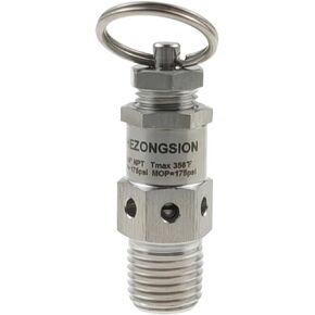 Mini 1/4" NPT Male Adjustable Pressure Relief Valve SS304 Stainless Steel PRV Safety Valve with Lock, 145psi Set Pressure,115-175psi Adjustable Pressure Range