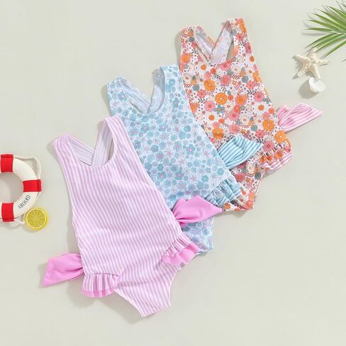 Toddler Kids Girl One Piece Swimsuit Floral Sleeveless Backless Swimwear Bowknot Ruffled Bathing Suit Beachwear in Kuwait