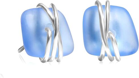 CARPDIM Sea Glass Earrings 925 Sterling Silver Hypoallergenic Handmade Stud Post Earrings Beach Glass Fashion Handcraft Jewelry earrings stud 8mm valentines day gifts for women Girls in Kuwait