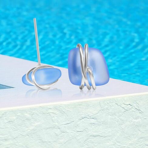 CARPDIM Sea Glass Earrings 925 Sterling Silver Hypoallergenic Handmade Stud Post Earrings Beach Glass Fashion Handcraft Jewelry earrings stud 8mm valentines day gifts for women Girls in Kuwait