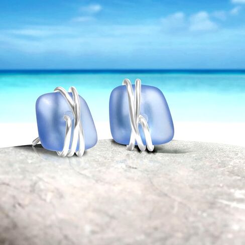 CARPDIM Sea Glass Earrings 925 Sterling Silver Hypoallergenic Handmade Stud Post Earrings Beach Glass Fashion Handcraft Jewelry earrings stud 8mm valentines day gifts for women Girls in Kuwait