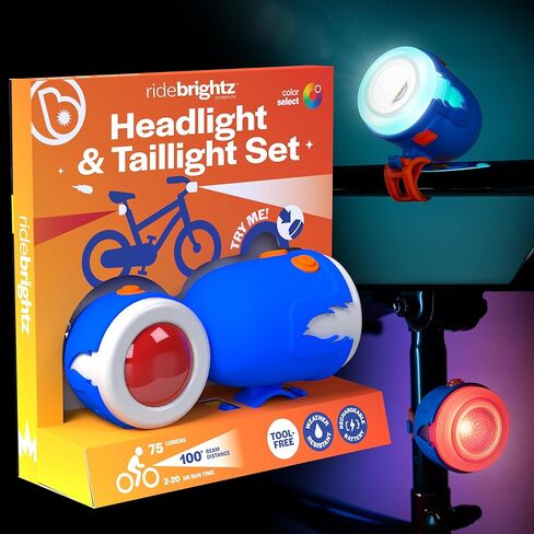 Brightz RideBrightz LED Bike Headlight & Taillight Set for Kids - Be Cool & Be Safe! - 75 Lumen, 100' Beam Distance - Rechargeable - Perfect for Boys & Girls of All Ages - Works with Bikes & Scooters in Kuwait