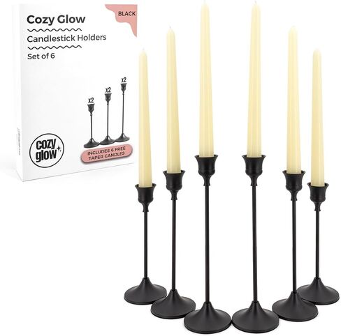Black Candlestick Holders | Set of 6 | Metal with Matte Finish | 3 Different Sizes | Taper Candles Included | Taper Candle Holder | Improved Stability & Anti-Slip Mat | Suitable for Various Occasions in Saudi Arabia