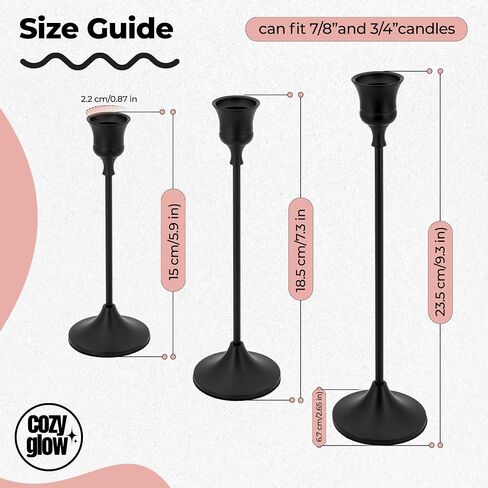 Black Candlestick Holders | Set of 6 | Metal with Matte Finish | 3 Different Sizes | Taper Candles Included | Taper Candle Holder | Improved Stability & Anti-Slip Mat | Suitable for Various Occasions in Saudi Arabia