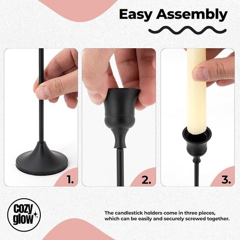 Black Candlestick Holders | Set of 6 | Metal with Matte Finish | 3 Different Sizes | Taper Candles Included | Taper Candle Holder | Improved Stability & Anti-Slip Mat | Suitable for Various Occasions in Saudi Arabia
