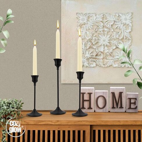 Black Candlestick Holders | Set of 6 | Metal with Matte Finish | 3 Different Sizes | Taper Candles Included | Taper Candle Holder | Improved Stability & Anti-Slip Mat | Suitable for Various Occasions in Saudi Arabia