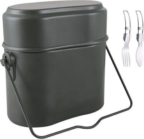 edola Camping Cookware Mess Kit، مجموعة طبخ التخييم، مجموعة الفوضى الخضراء العسكرية الألمانية، 3 في 1 وعاء تخييم من الألومنيوم، مجموعة أواني ومقالي للتخييم خفيفة الوزن، سكاكين شوك قابلة للطي in Kuwait