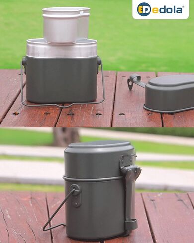 edola Camping Cookware Mess Kit، مجموعة طبخ التخييم، مجموعة الفوضى الخضراء العسكرية الألمانية، 3 في 1 وعاء تخييم من الألومنيوم، مجموعة أواني ومقالي للتخييم خفيفة الوزن، سكاكين شوك قابلة للطي in Kuwait