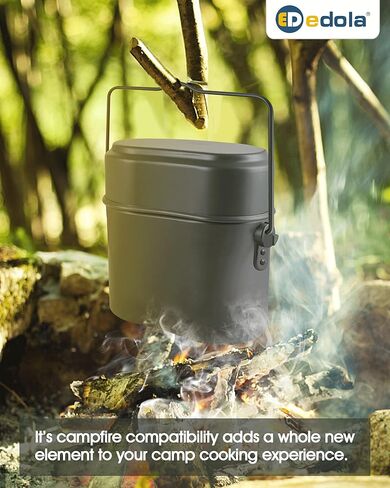 edola Camping Cookware Mess Kit، مجموعة طبخ التخييم، مجموعة الفوضى الخضراء العسكرية الألمانية، 3 في 1 وعاء تخييم من الألومنيوم، مجموعة أواني ومقالي للتخييم خفيفة الوزن، سكاكين شوك قابلة للطي in Kuwait