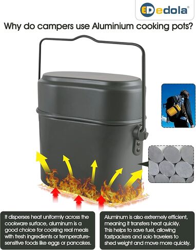 edola Camping Cookware Mess Kit، مجموعة طبخ التخييم، مجموعة الفوضى الخضراء العسكرية الألمانية، 3 في 1 وعاء تخييم من الألومنيوم، مجموعة أواني ومقالي للتخييم خفيفة الوزن، سكاكين شوك قابلة للطي in Kuwait