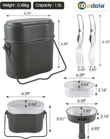 edola Camping Cookware Mess Kit، مجموعة طبخ التخييم، مجموعة الفوضى الخضراء العسكرية الألمانية، 3 في 1 وعاء تخييم من الألومنيوم، مجموعة أواني ومقالي للتخييم خفيفة الوزن، سكاكين شوك قابلة للطي in Kuwait