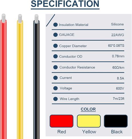 DAOKAI 20 Gauge PVC Electrical Wire 300V 20 AWG UL1007 Solid Core Tinned Coated Copper Wires 3 Color (Black, Red, Yellow) 7m Each Cable Hook Up Wire Kit for 3D Printer, Model Car in Saudi Arabia