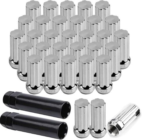 صواميل عروة عجلة من الكروم من MuHize - صواميل عروة إطارات M14x1.5 مطورة مع مفتاحين، 32 قطعة صواميل عروة شديدة التحمل بنهاية مغلقة 7 صواميل عروة بطول 2 بوصة، 60 درجة سداسية in Kuwait