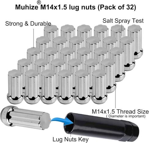 صواميل عروة عجلة من الكروم من MuHize - صواميل عروة إطارات M14x1.5 مطورة مع مفتاحين، 32 قطعة صواميل عروة شديدة التحمل بنهاية مغلقة 7 صواميل عروة بطول 2 بوصة، 60 درجة سداسية in Kuwait