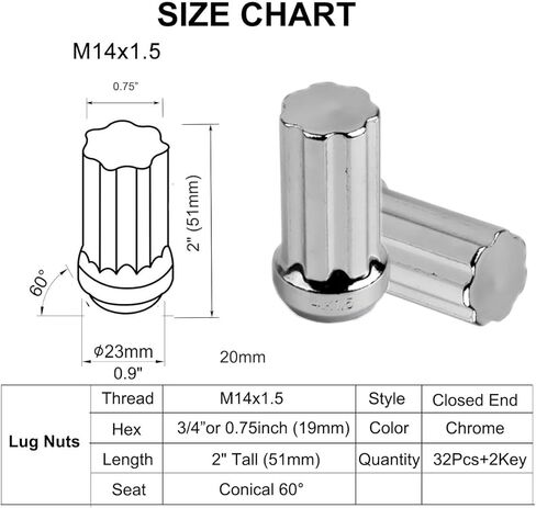 صواميل عروة عجلة من الكروم من MuHize - صواميل عروة إطارات M14x1.5 مطورة مع مفتاحين، 32 قطعة صواميل عروة شديدة التحمل بنهاية مغلقة 7 صواميل عروة بطول 2 بوصة، 60 درجة سداسية in Kuwait