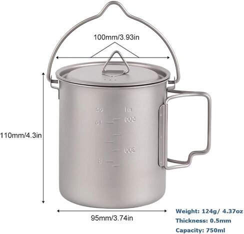 Titanium Pot 750ml Backpacking Pot Camping Coffee Pot Camp Mug Camping Pot with Lid Foldable Handle Portable Lightweight in Saudi Arabia