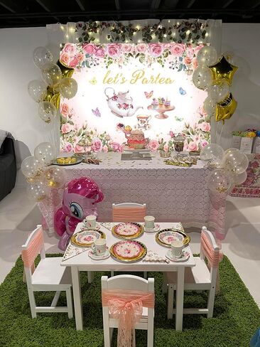 Tea Party Backdrop Banner Pink Floral Butterfly Let's Partea Photo Background Princess Wonderland Afternoon Tea Photography Banner Girls Women Baby Shower Birthday Supplies (7X5FT(82x59inch)) in Saudi Arabia