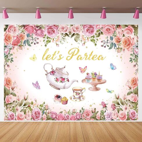 Tea Party Backdrop Banner Pink Floral Butterfly Let's Partea Photo Background Princess Wonderland Afternoon Tea Photography Banner Girls Women Baby Shower Birthday Supplies (7X5FT(82x59inch)) in Saudi Arabia
