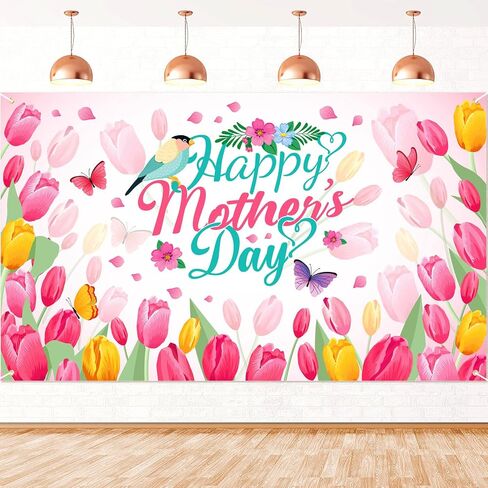HOWAF Happy Mother's Day Backdrop Banner, Mother's Day Party Decorations Banner, Pink Flower Large Fabric Background Banner for Mothers Day Party Mom's Birthday Party Supplies, Mother's Day Welcome Banner in Saudi Arabia