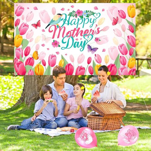 HOWAF Happy Mother's Day Backdrop Banner, Mother's Day Party Decorations Banner, Pink Flower Large Fabric Background Banner for Mothers Day Party Mom's Birthday Party Supplies, Mother's Day Welcome Banner in Saudi Arabia
