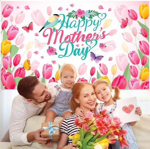 HOWAF Happy Mother's Day Backdrop Banner, Mother's Day Party Decorations Banner, Pink Flower Large Fabric Background Banner for Mothers Day Party Mom's Birthday Party Supplies, Mother's Day Welcome Banner in Saudi Arabia